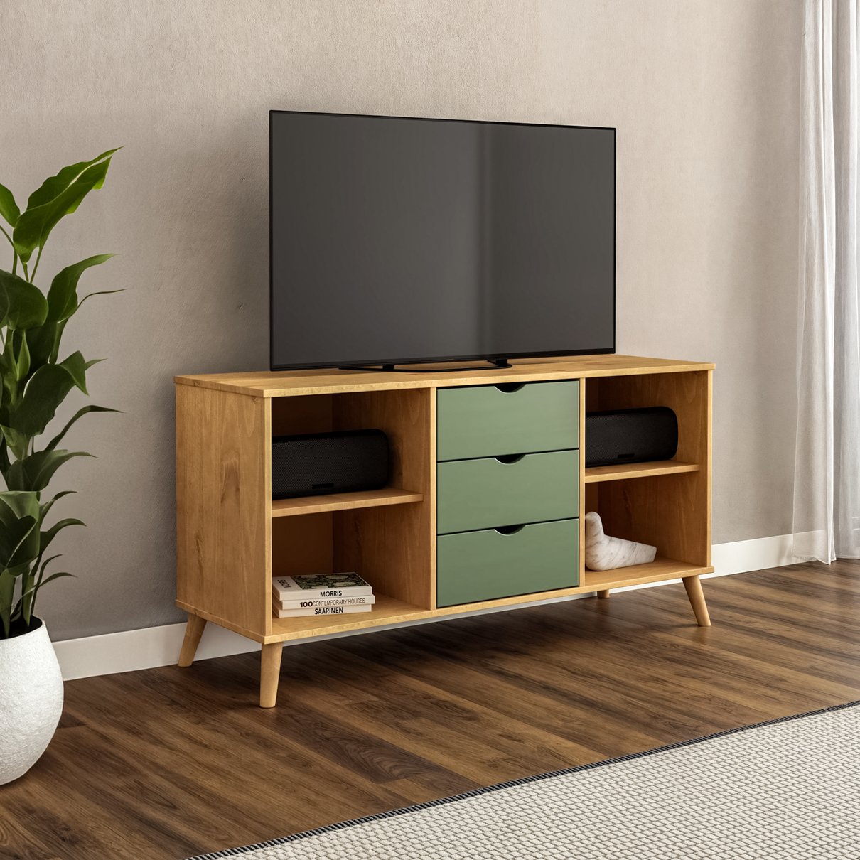Rack TV Tequila 3 Gavetas 2 Prateleiras Verde ambientado