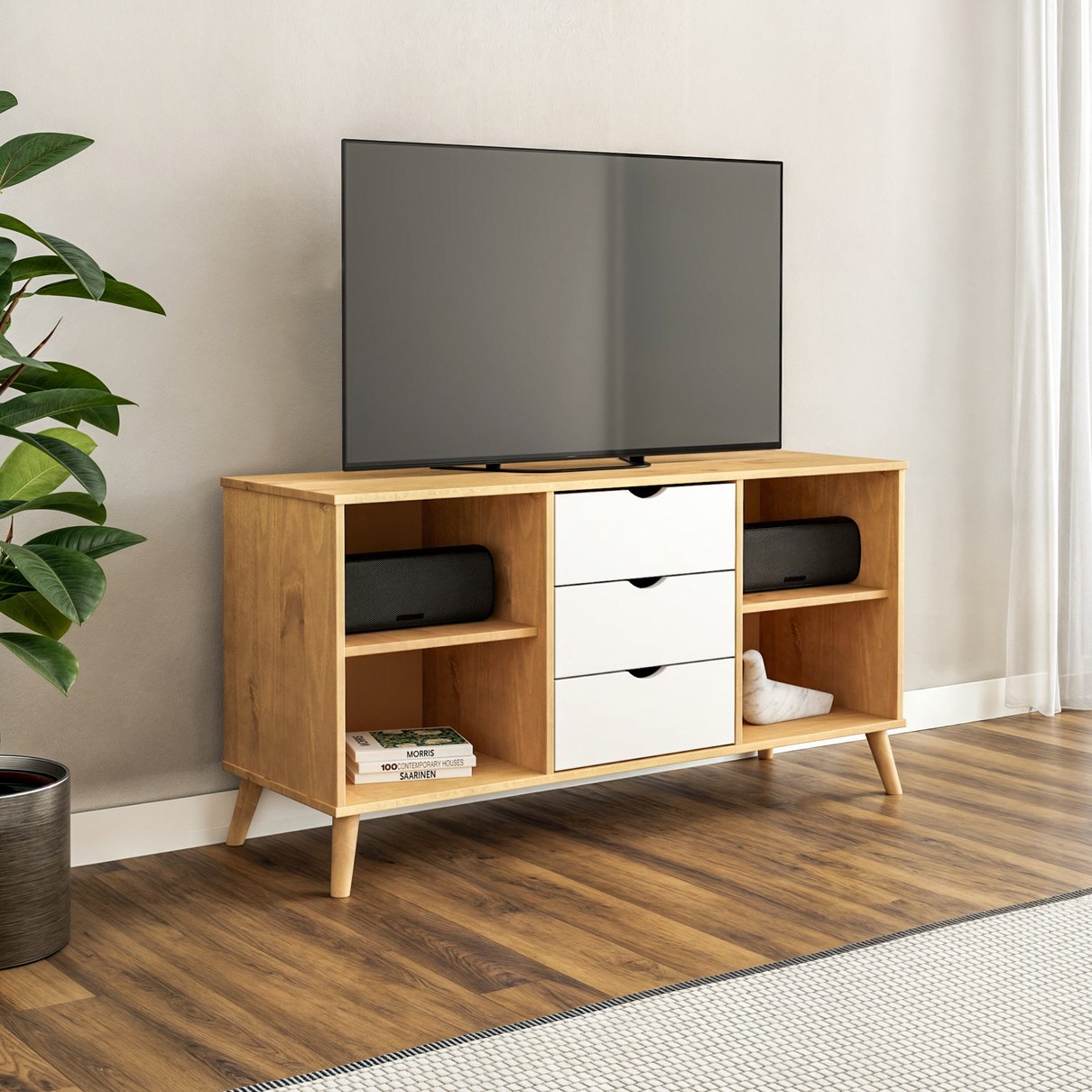 Rack TV Tequila 3 Gavetas 2 Prateleiras Branco ambientado