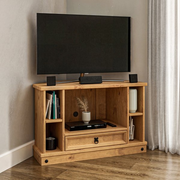 01 rack tv de canto 1 gaveta em madeira de pinus cera