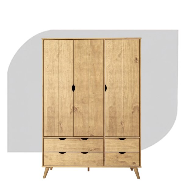 Guarda-Roupa Tequila 3 Portas e 4 Gavetas em Madeira de Pinus na cor Cera Tequila